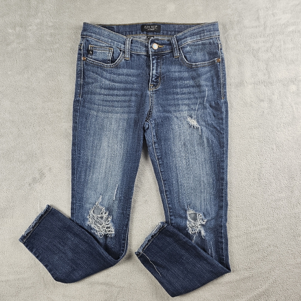 Judy Blue Distressed Mid-Rise Blue Denim Jeans Womens Size 29